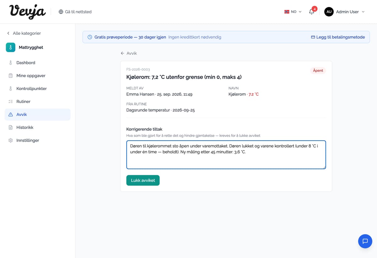 Die korrigierende Maßnahme wird direkt in der Abweichung eingetragen.